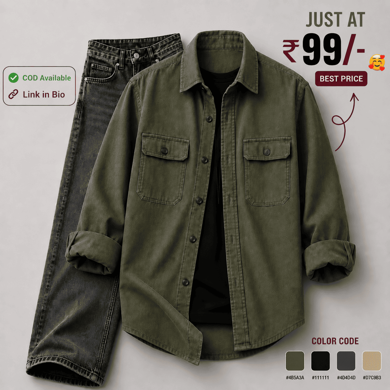 Premium Olive Green Casual Shirt & Charcoal Black Denim Jeans Combo