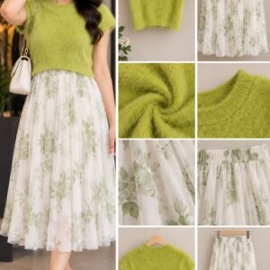 Lime Green Fuzzy Knit Top with Green Floral Tulle Midi Skirt