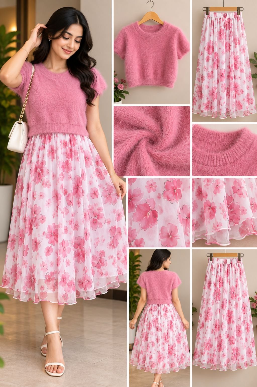 Pink Fuzzy Knit Top with Pink Floral Chiffon Midi Skirt