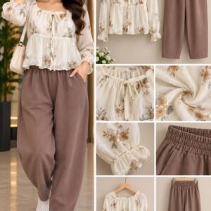 Ivory Floral Print Tiered Blouse with Brown Balloon-Leg Pants