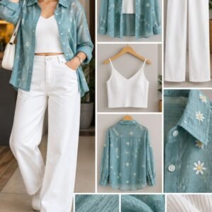 Teal Daisy Print Sheer Shirt with White Cami and White Wide-Leg Jeans