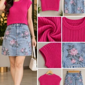 Pink Ribbed Knit Top with Floral Print Denim Skirt