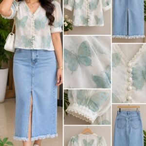 Blue Butterfly Print Organza Blouse with Fringe-Hem Denim Skirt