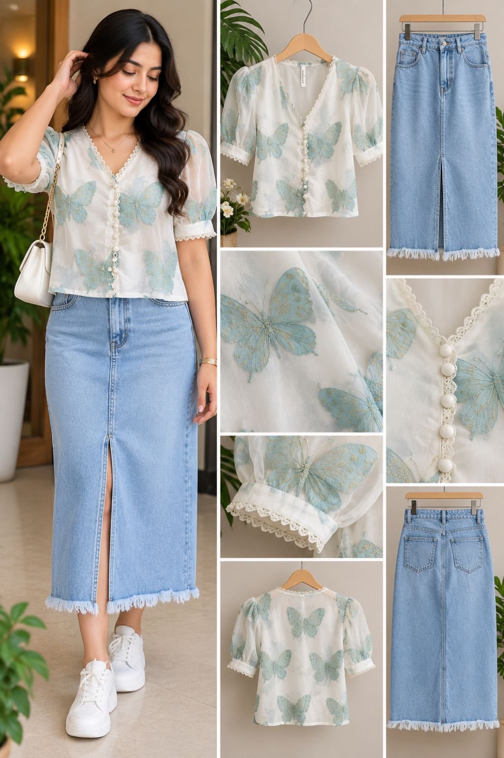 Blue Butterfly Print Organza Blouse with Fringe-Hem Denim Skirt