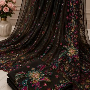 Black Net Multicolour Floral Sequin Embroidered Saree