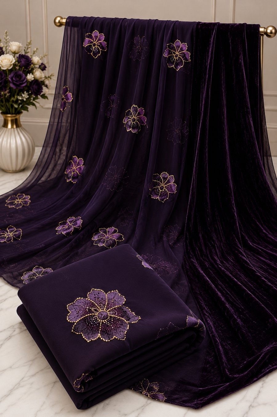 Luxurious Aubergine Saree with Velvet Trim & Gold Floral Embellishments