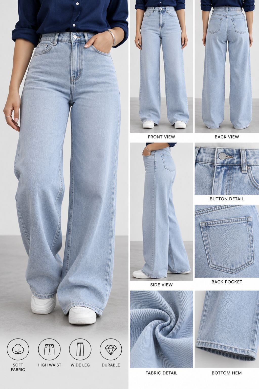 Light Blue Washed High-Waist Wide-Leg Jeans