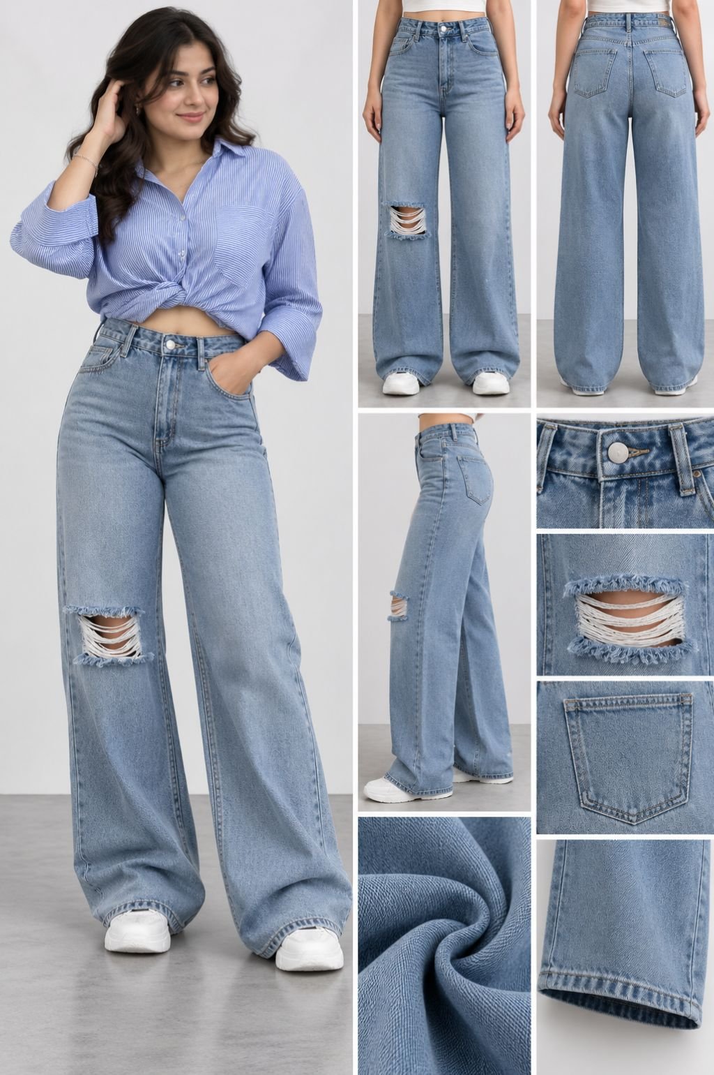 Distressed Ripped-Knee Light Blue High-Waist Wide-Leg Jeans