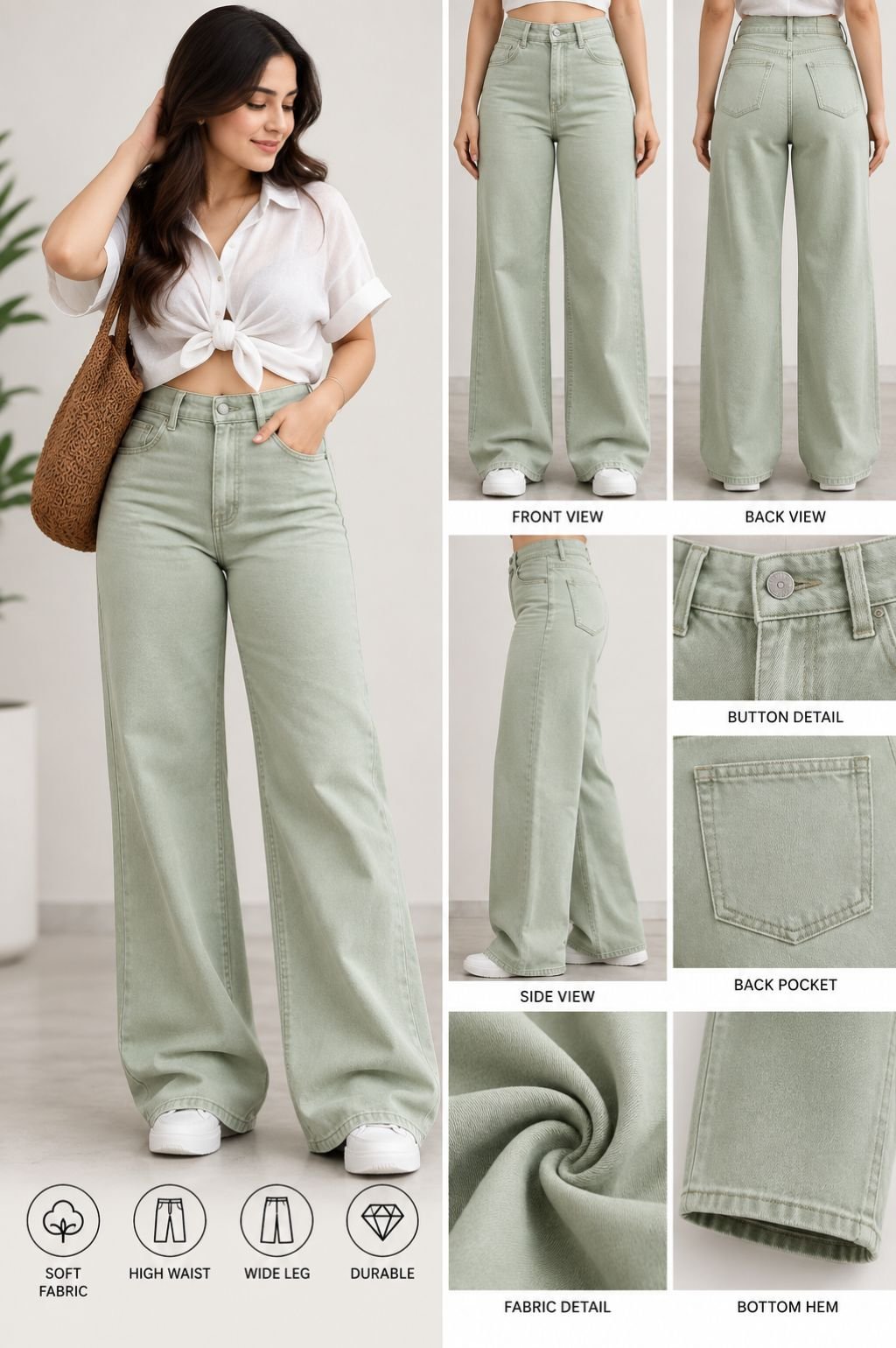 Sage Green High-Waist Wide-Leg Jeans