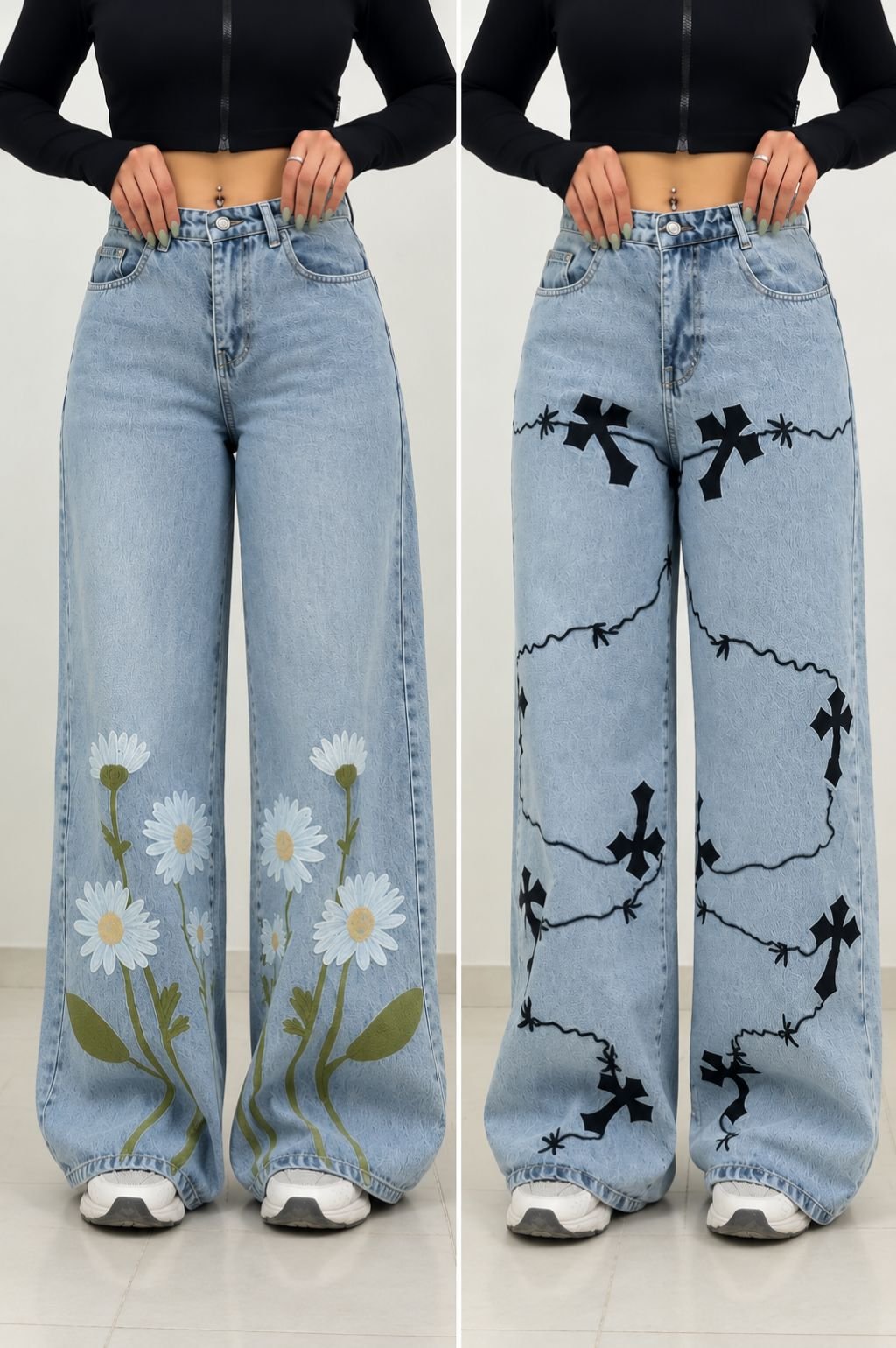 Light Blue Daisy Floral Print High-Waist Wide-Leg Jeans