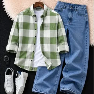 Men's Forest Green Check Shirt & Classic Blue Wide-Fit Denim Jeans Set