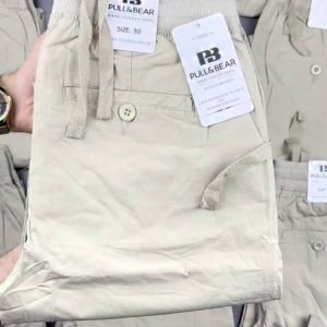 Men’s Beige Cotton Cargo Trousers – Ribbed Drawstring Waist Relaxed Fit Casual Pants