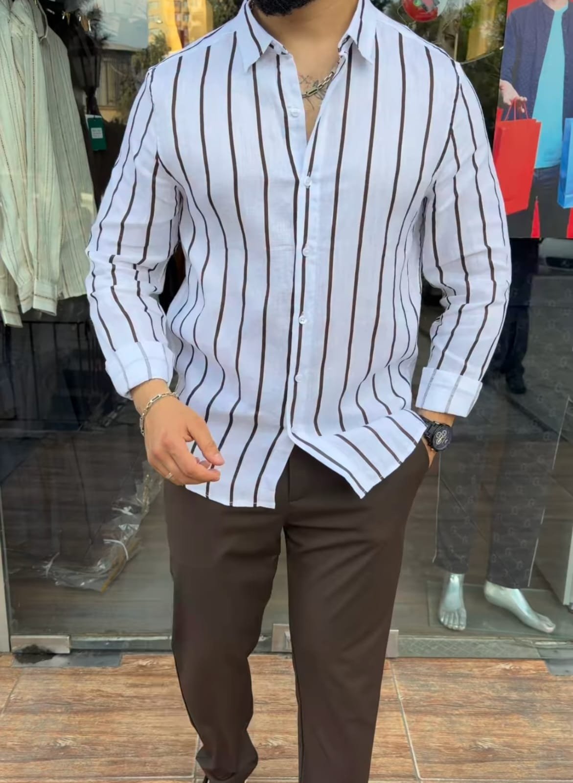 White & Brown Striped Linen Shirt Combo - Premium Quality at ₹149