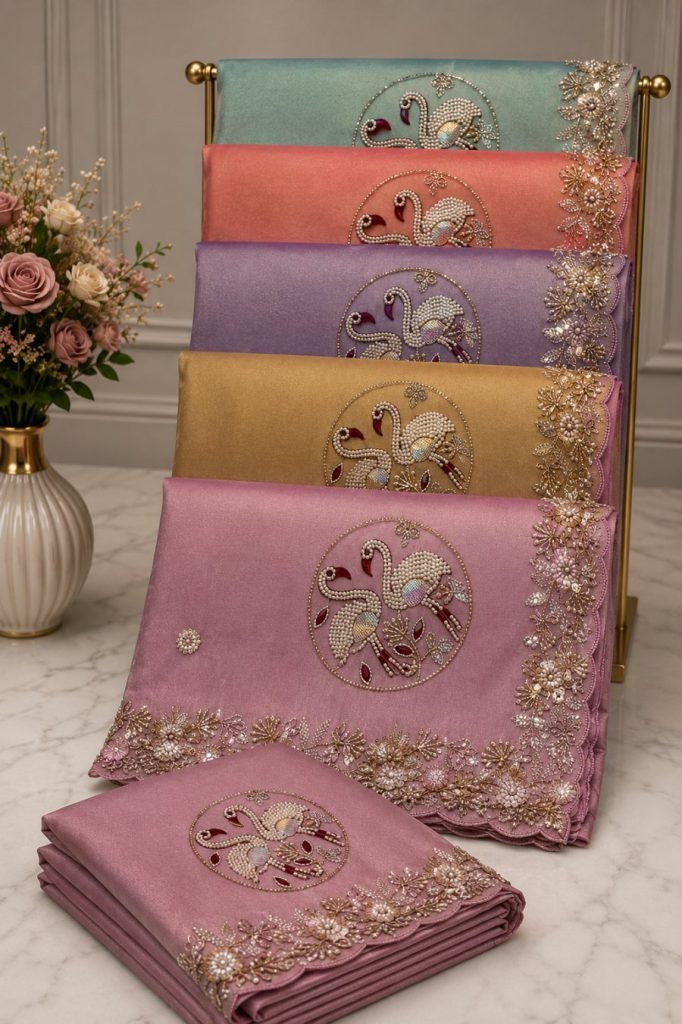Graceful Pastel Swan Pearl Saree – Hand-Embroidered Medallion Design
