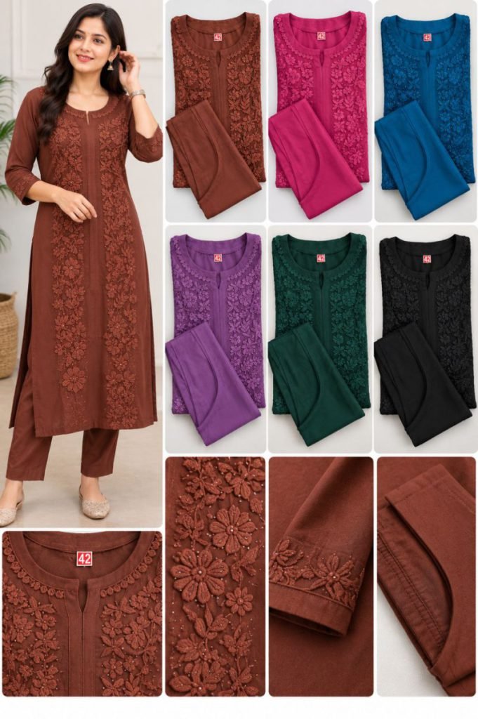 Ladies Rust Brown Embroidered Kurti with Pants Set