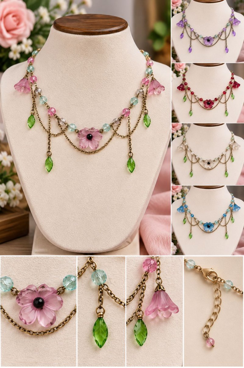 Pink Floral Beaded Statement Necklace