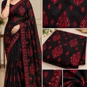 Black Net Saree with Red Embroidery