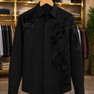 Elegant Men's Black Textured Full-Sleeve Designer Shirt – Contemporary Professional Style