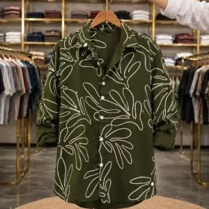 Olive Green Leaf Print Men's Casual Shirt – Full Sleeve Premium Fit